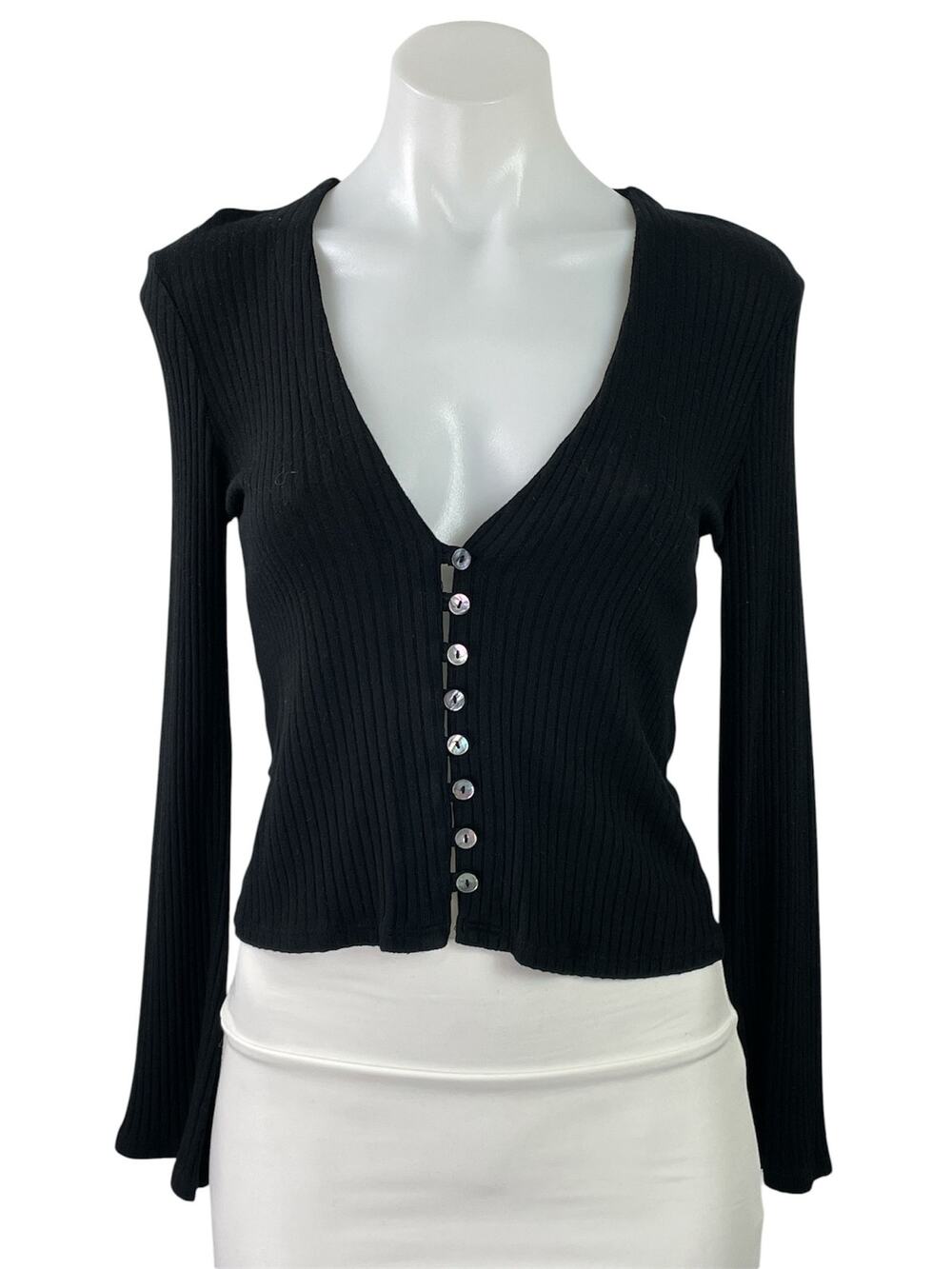 Reformation Virgil Black Ribbed Knit V Neck Long Sleeve Button Up Crop Top Sz M